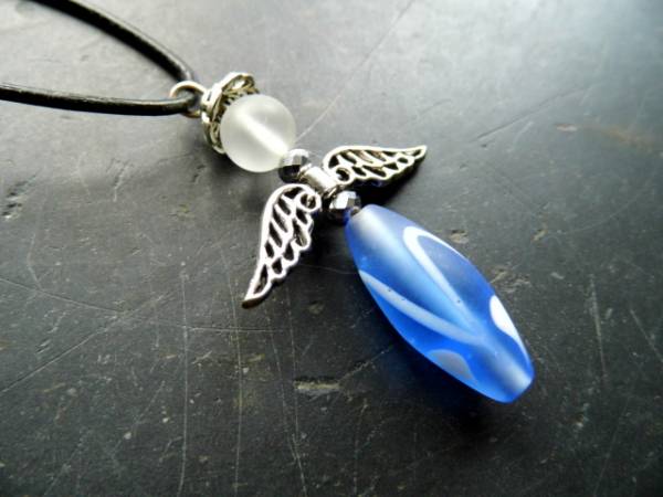 Kette, Engel, Lederband, Glas, Schutz, Frauen, Schmuck, Mädchen, blau